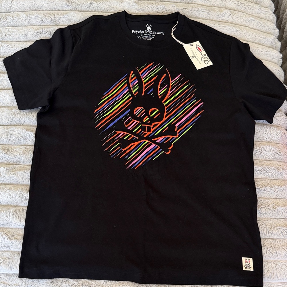Psycho Bunny Black Tee with Multicolor Striped Bunny Logo